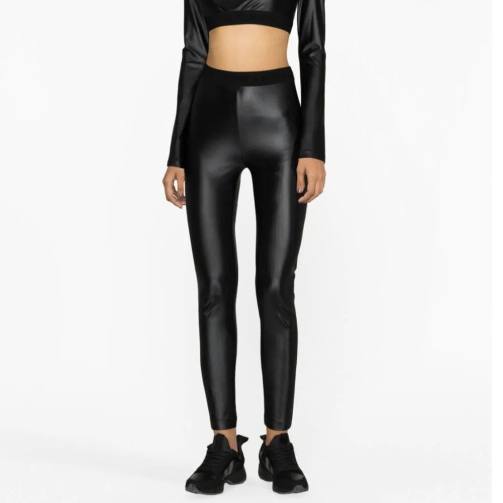 Versace Jeans Couture Logo Elastic Waist High Rise Shiny Leggings Black 38/ US 2